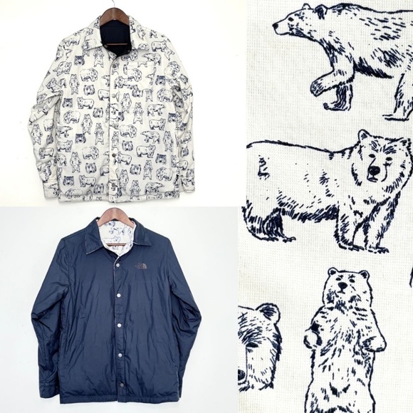 The North Face Reversible Navy Bear Print Jacket Shacket Boys Unisex XL 18/20 - Picture 1 of 9